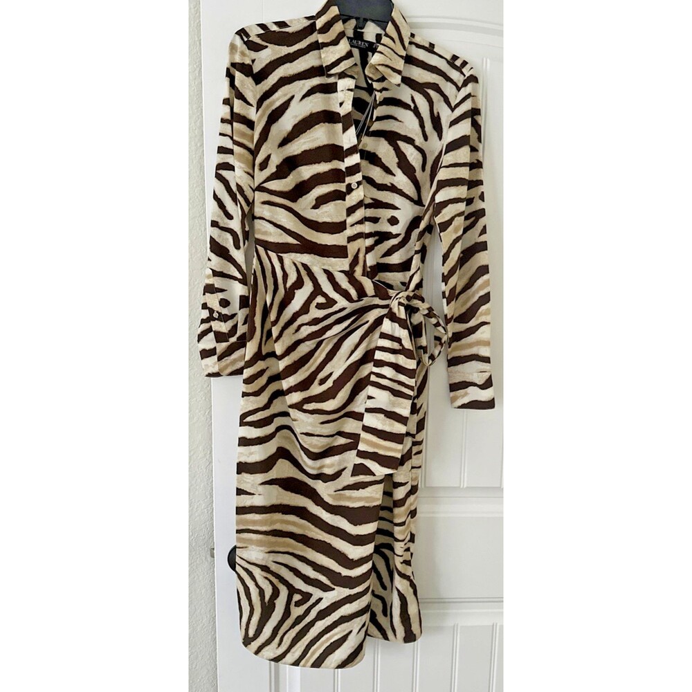 Lauren Ralph Lauren Women's Zebra-Print Tie-Front Crepe Shirtdress Cream Brown 2 - Picture 6 of 14